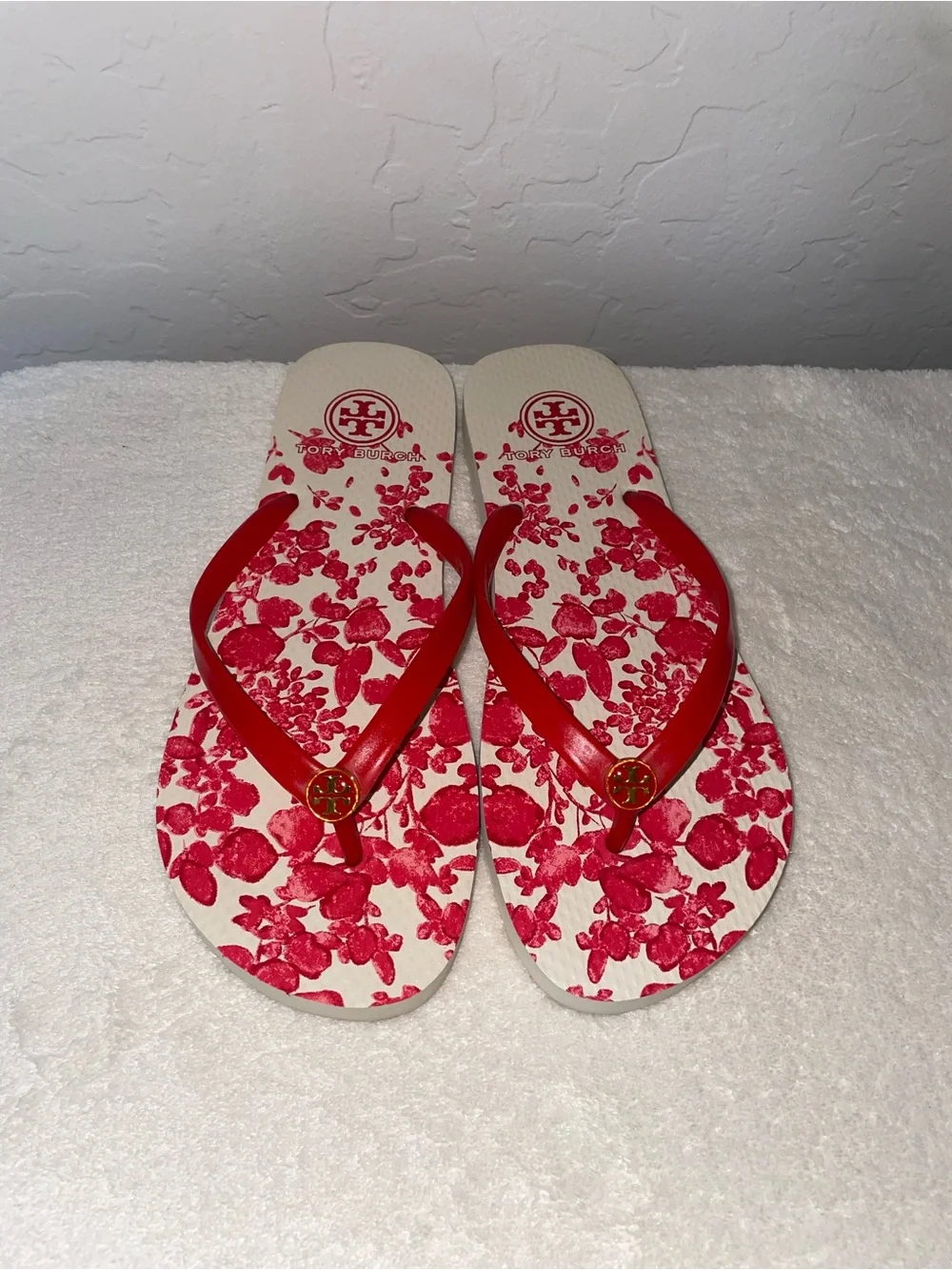 New! Tory Burch Floral Flip Flop Sandals in Chili Pepper Size 8-with Box